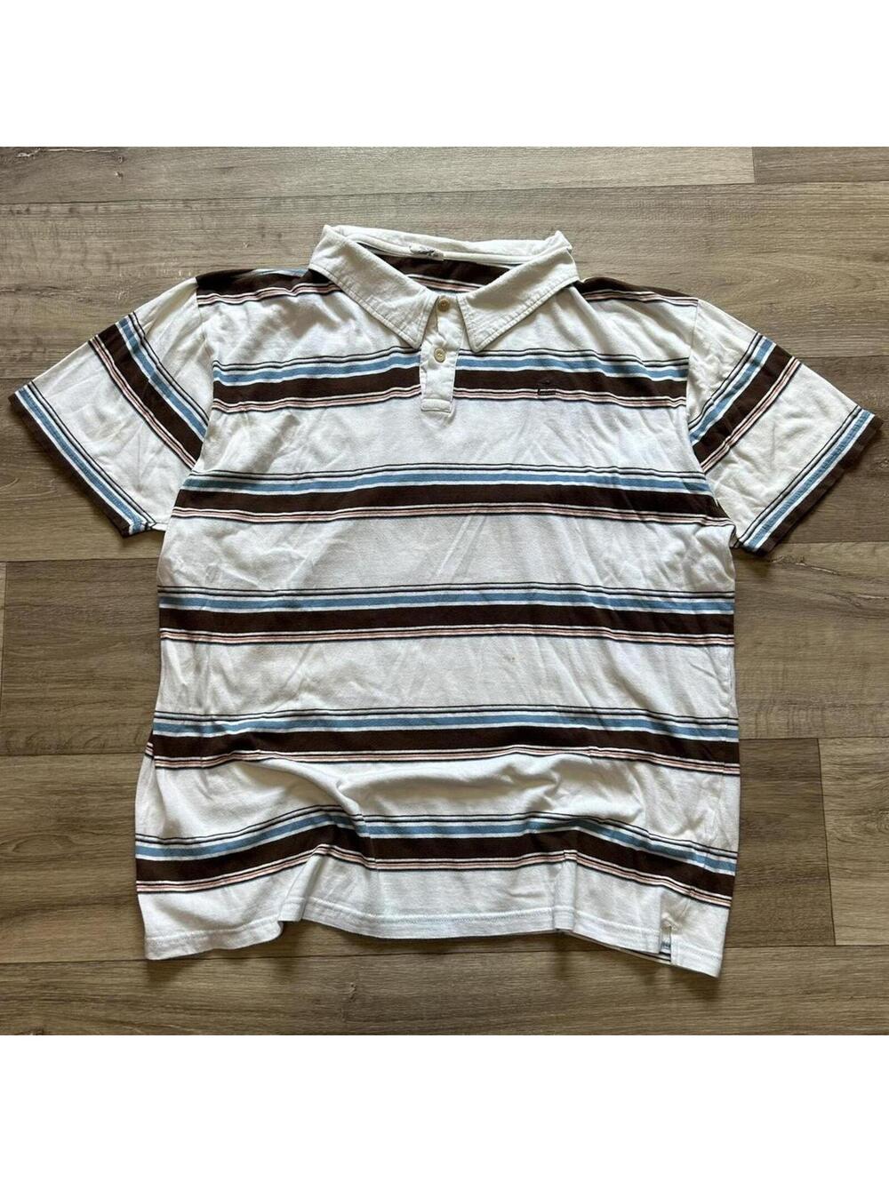 Vintage y2k Brown Blue Machine striped polo‎ shirt Size XXL